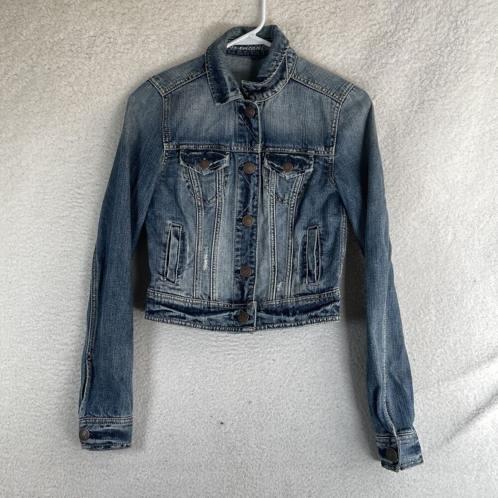 American Eagle Denim Jacket Womens XS Blue Cropped Button Down Collared